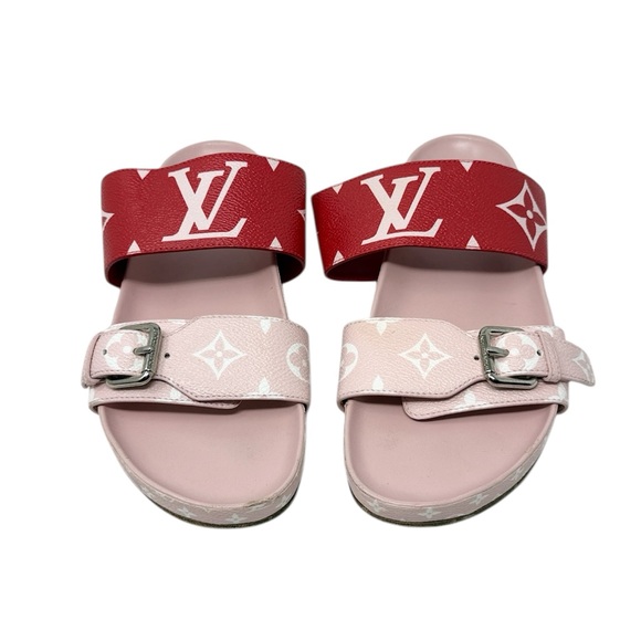 Louis Vuitton Shoes - Louis Vuitton Bom Dia Monogram Canvas Flat Slide Sandals Pink Red Size 37